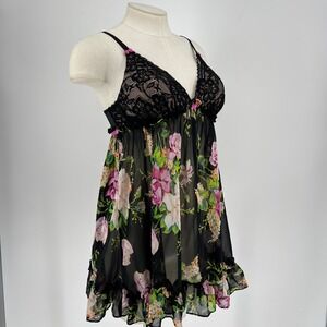 Betsey Johnson Intimates Floral Lace Babydoll Nightgown L Black Pink Y2K Roses